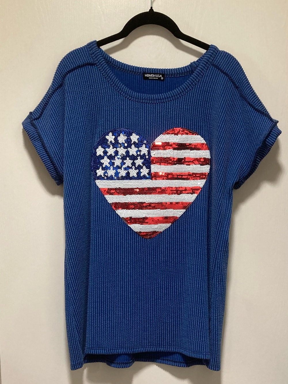 HEIMISH USA Blue Short Sleeve Sequin American Heart Tee